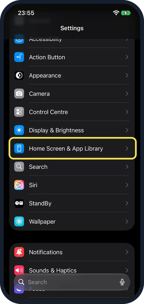 iPhone screen: Open Home Screen & App Library in Settings