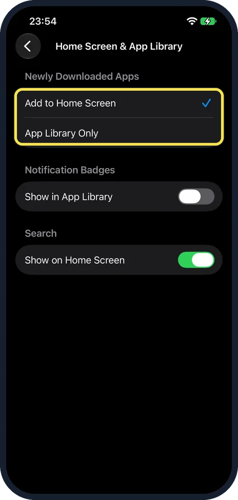 iPhone screen: Choose where new apps go
