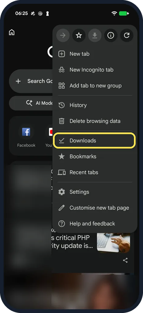 Android screenshot: Open Downloads