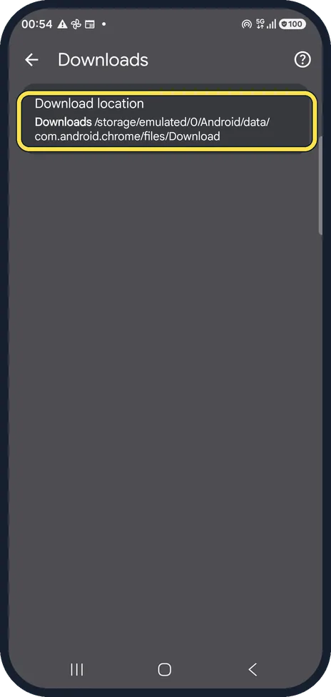 Android screenshot: Check the download location