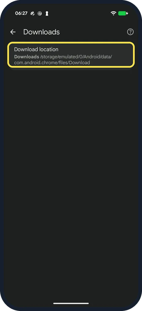 Android screenshot: Check the download location