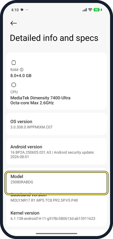 Android screenshot: Read the model number