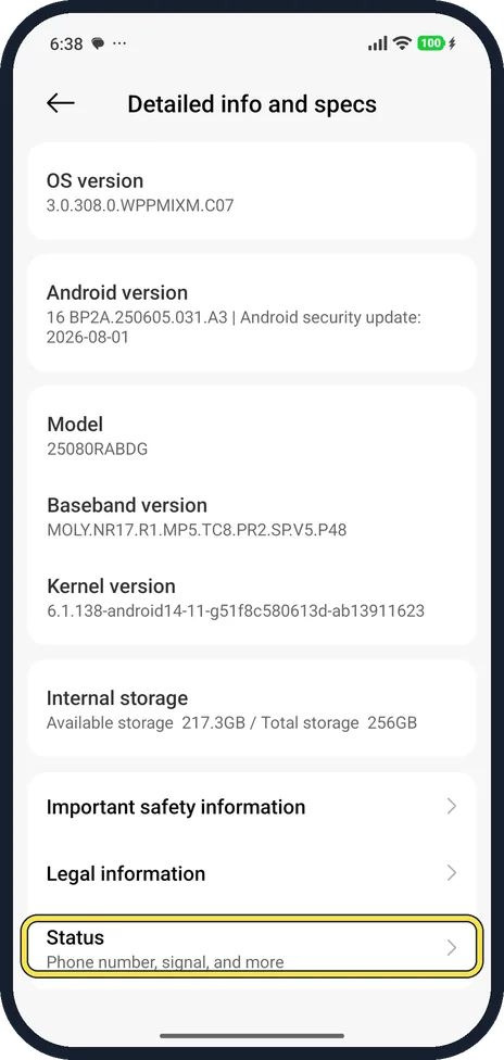 Android screenshot: Tap Status