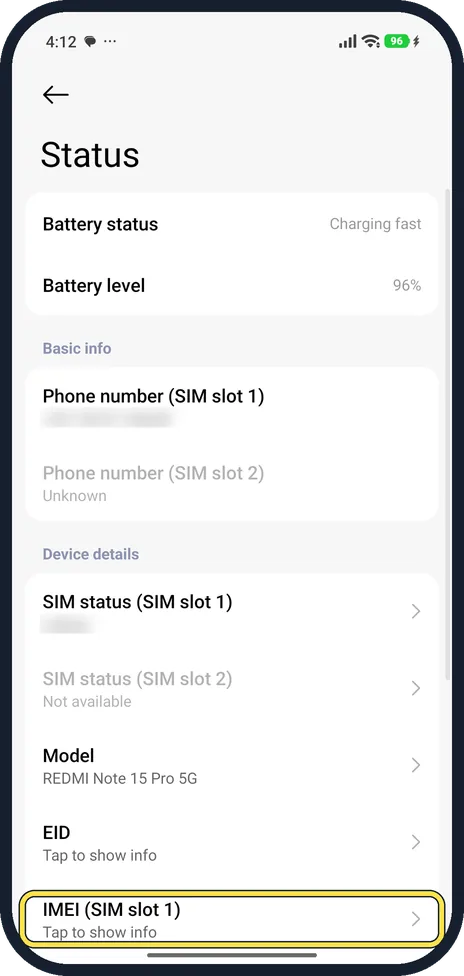 Android screenshot: Tap IMEI