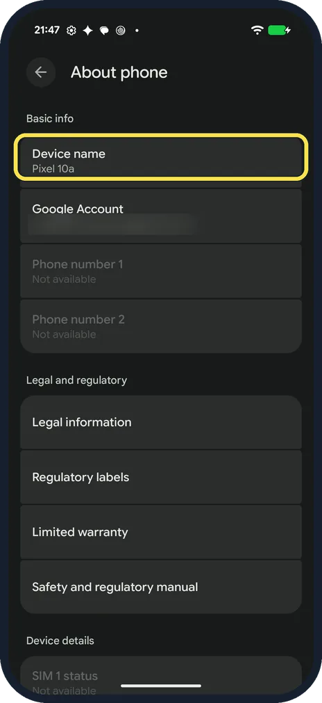 Screenshot from the guide: How to find the IMEI, model and build number on a Google Pixel (Android 17)