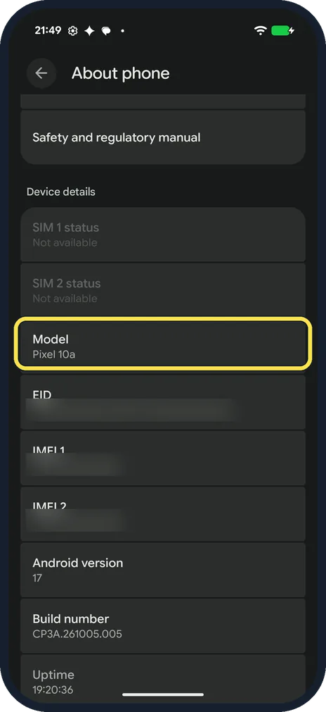 Android screenshot: Find the model