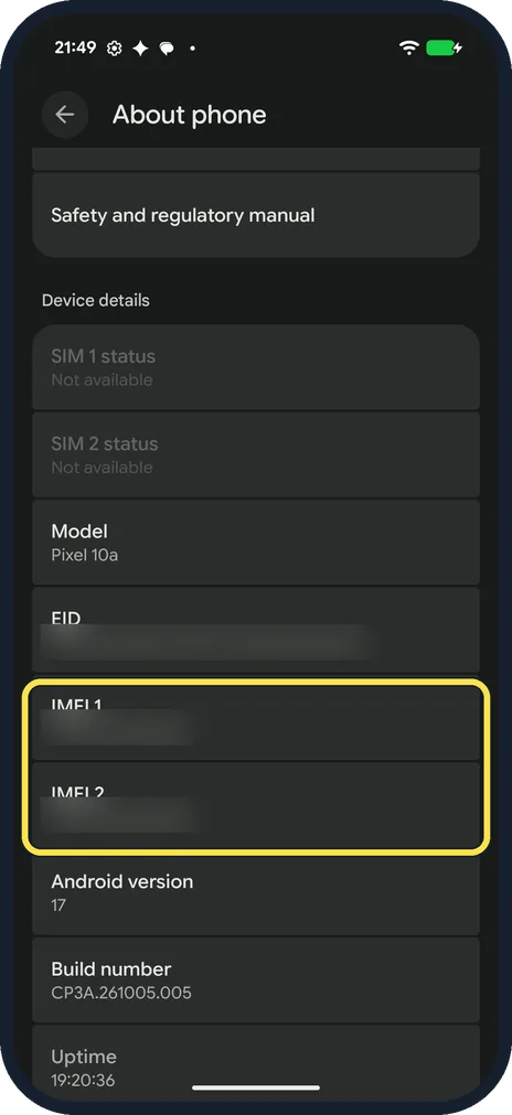 Android screenshot: Find IMEI 1 and IMEI 2