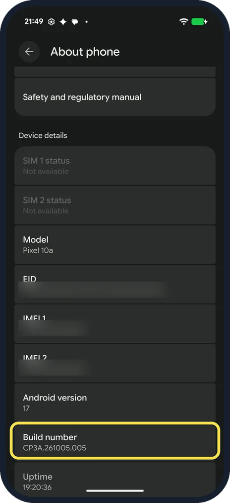 Android screenshot: Find the Android version and build