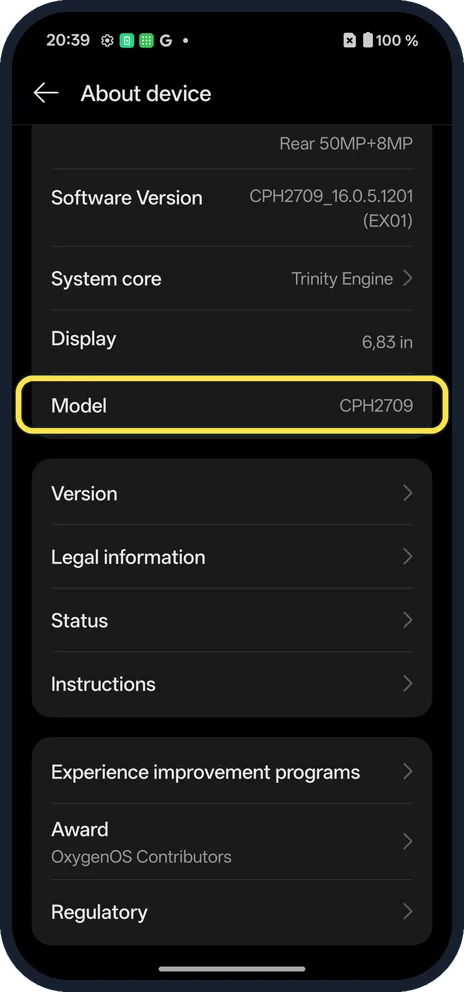 Android screenshot: Model and Version