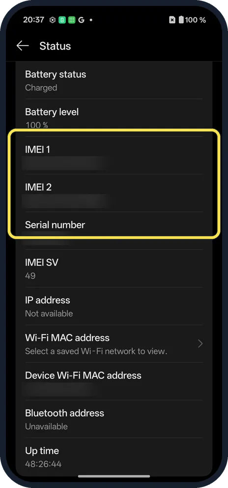Android screenshot: IMEI and serial