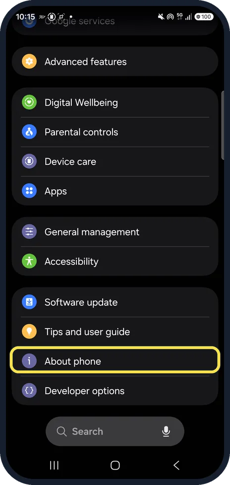 Android screenshot: Open About phone