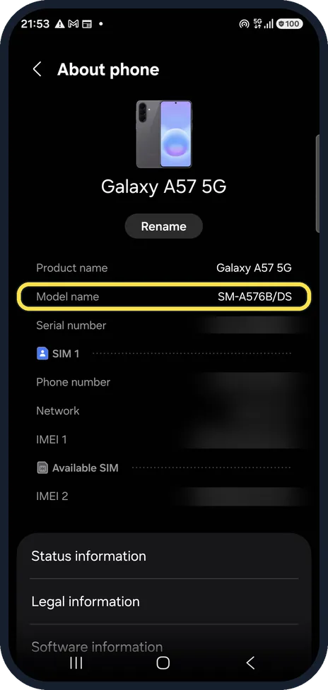 Android screenshot: Read the model name
