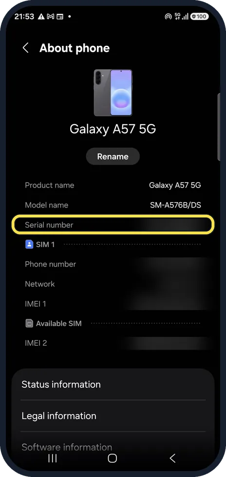 Android screenshot: Find the serial number