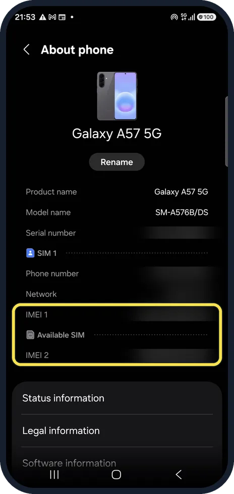 Android screenshot: Find the IMEI