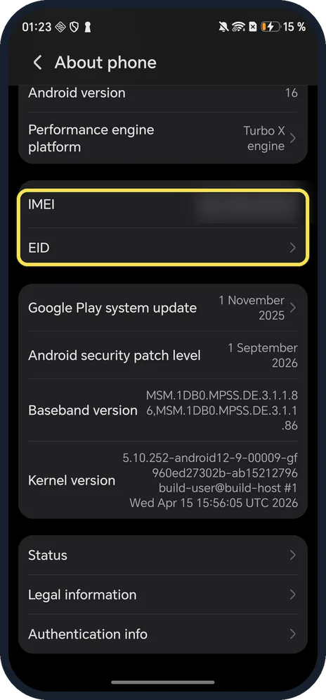 Android screenshot: Scroll down to IMEI