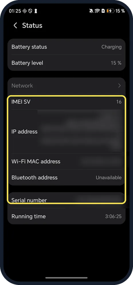 Android screenshot: Tap Status for more