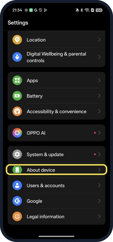 Android screenshot: Open About device