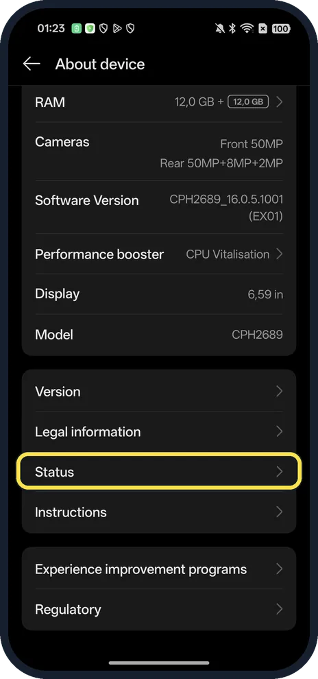 Android screenshot: Tap Status