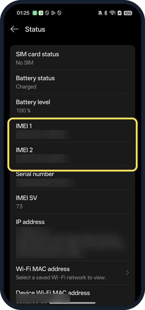 Screenshot from the guide: How to find the IMEI on an OPPO phone (ColorOS 16)