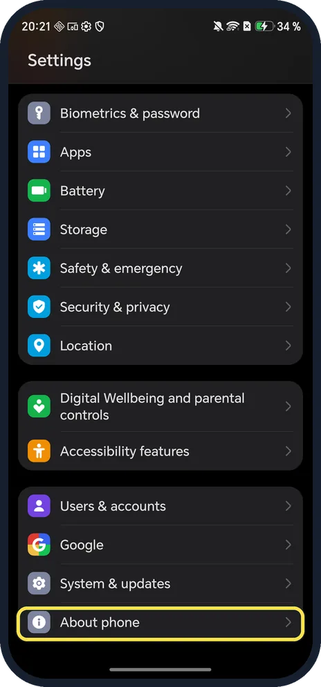 Android screenshot: Open About phone