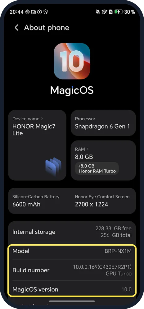 Android screenshot: Read Model and MagicOS version
