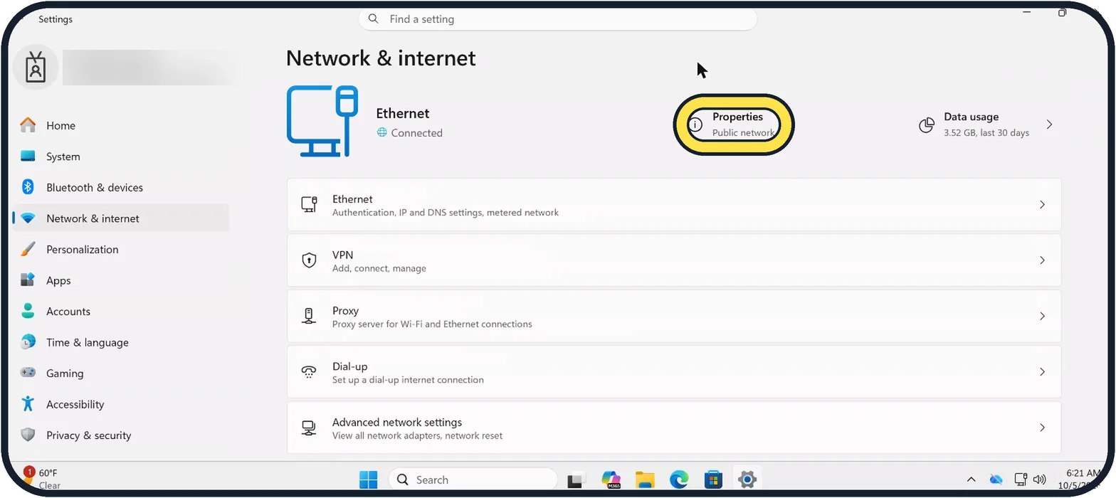 Windows screenshot: Click Properties