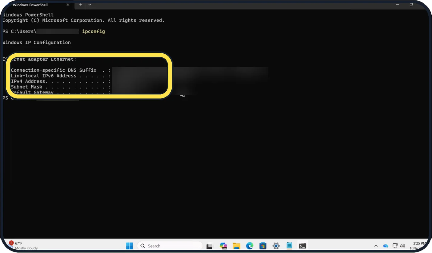 Windows screenshot: Type ipconfig and press Enter