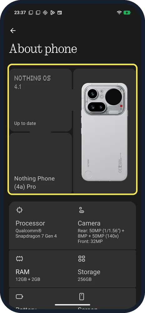 Android screenshot: Read the name and Nothing OS version