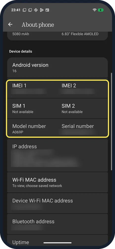 Android screenshot: Scroll to Device details