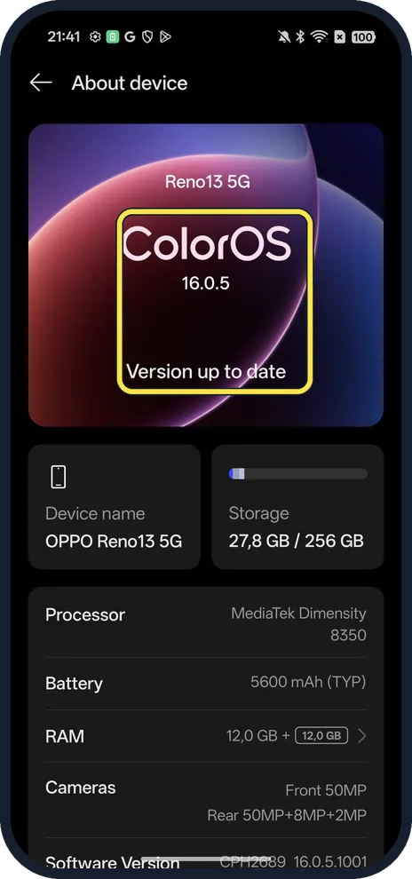 Android screenshot: Read the ColorOS version