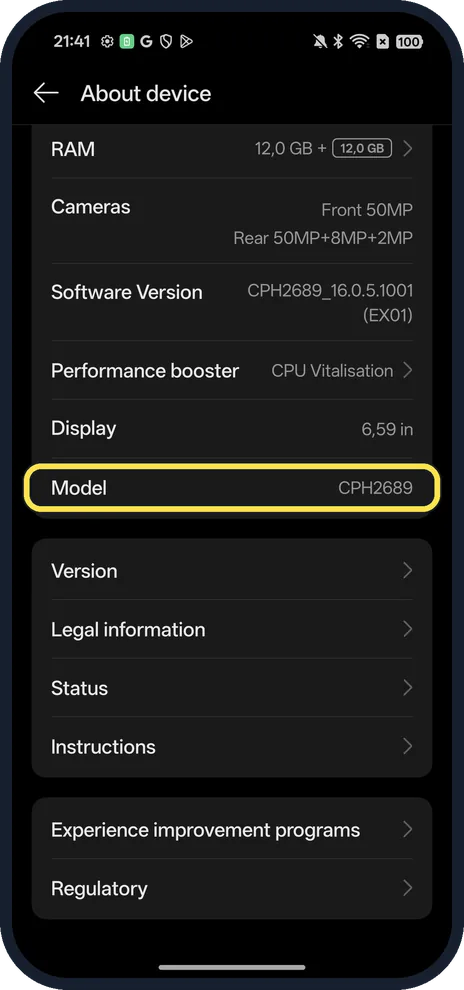 Android screenshot: Scroll to Model