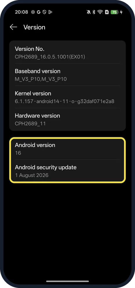 Android screenshot: Tap Version for the Android version