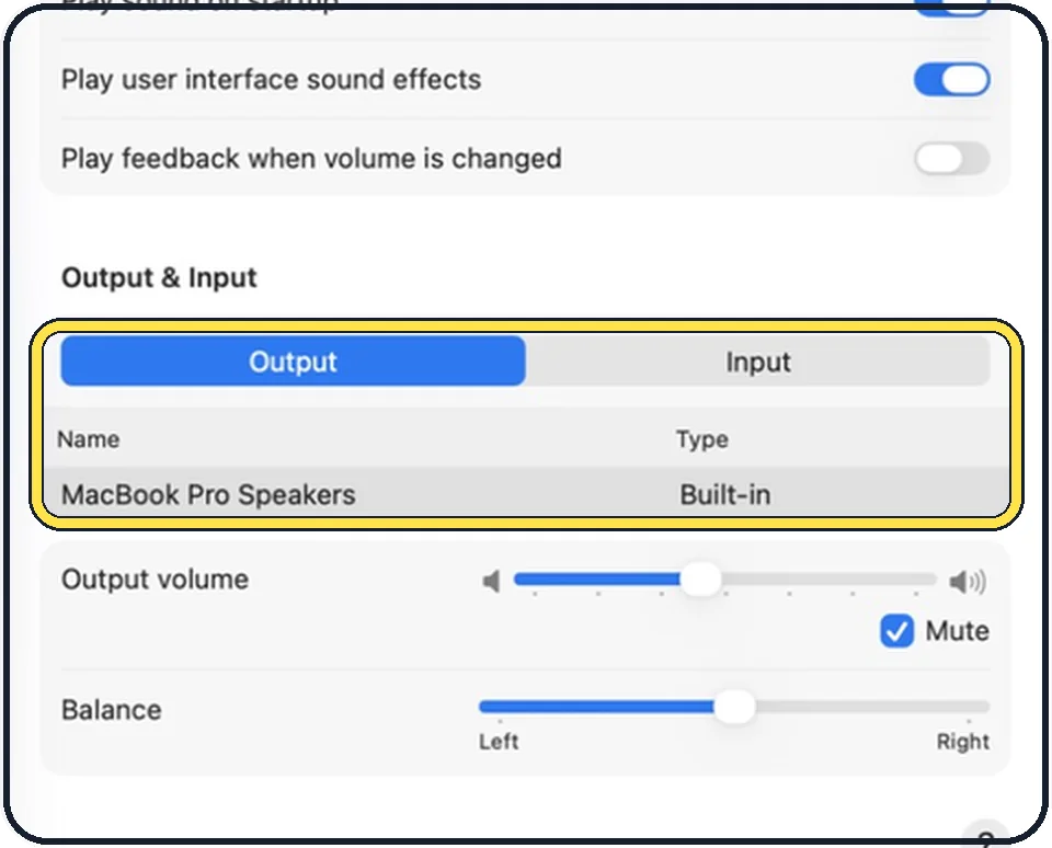 Mac screenshot: Select the output device