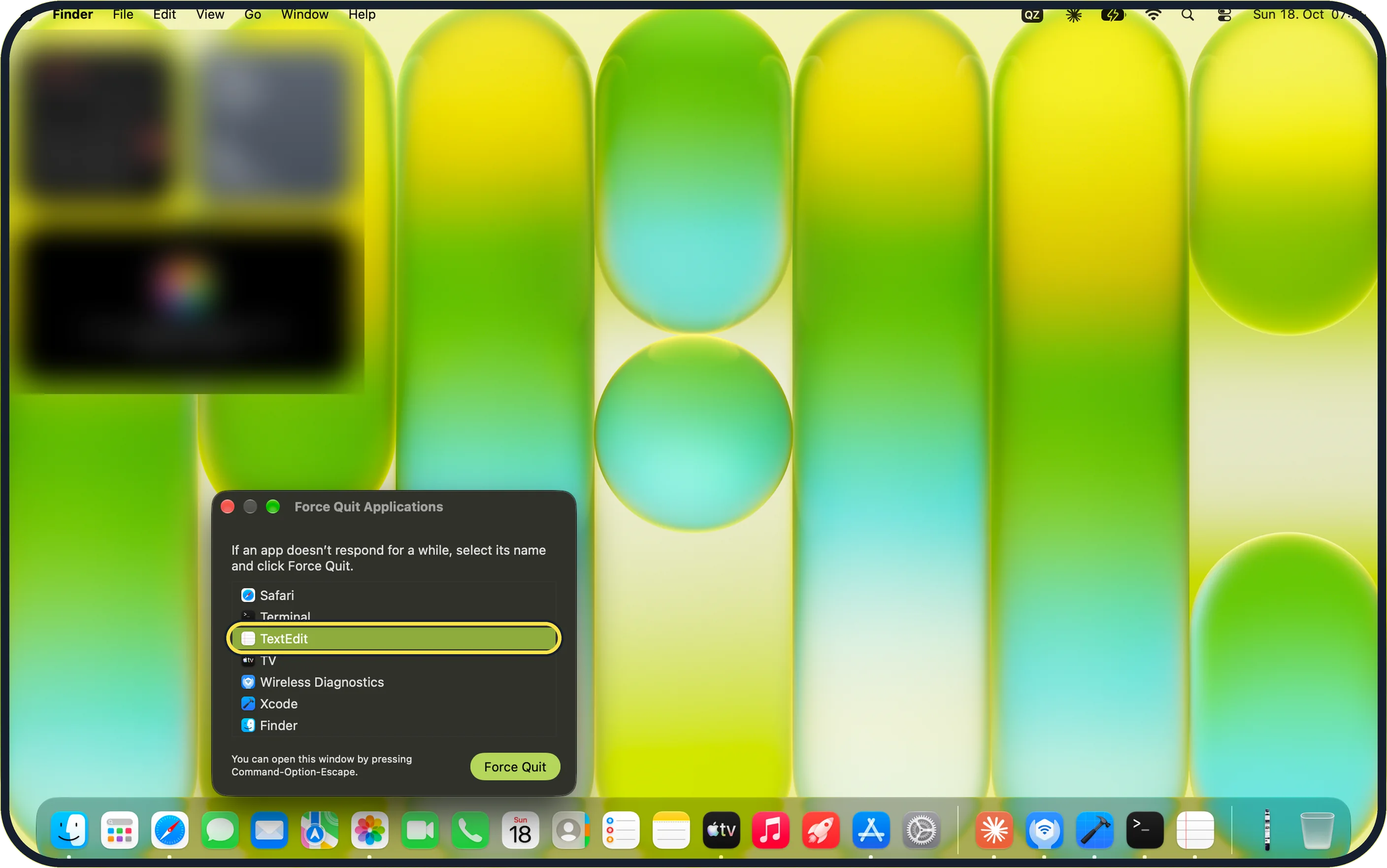 Mac screenshot: Select the frozen app
