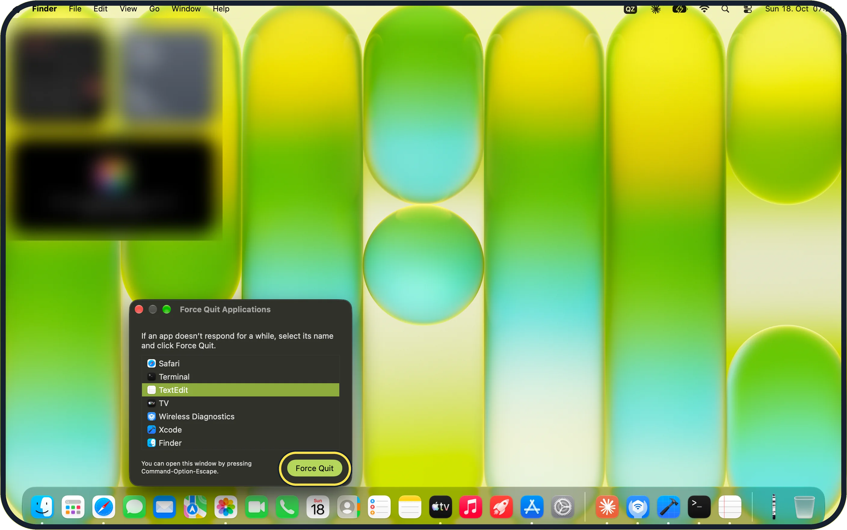 Mac screenshot: Click Force Quit