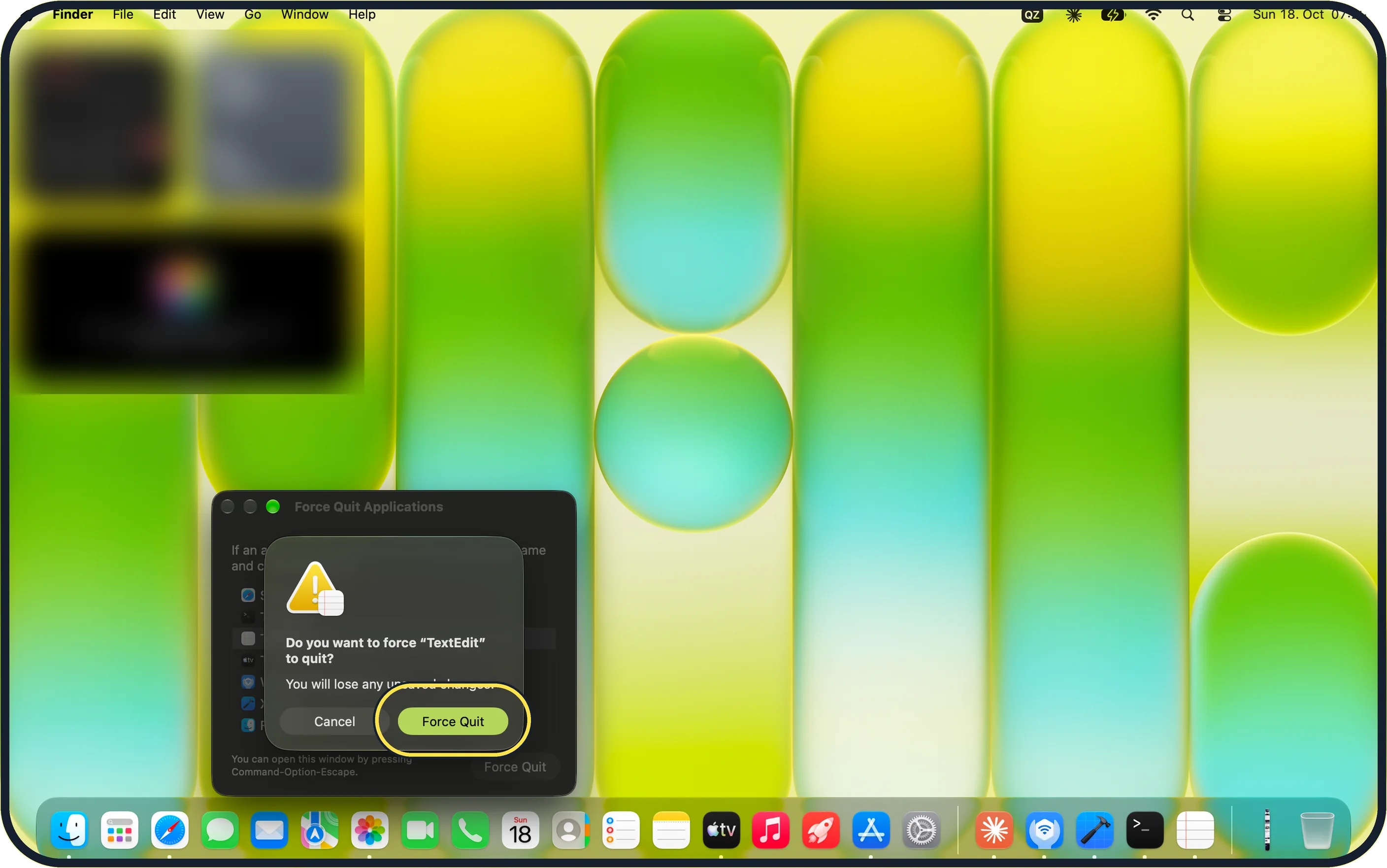 Mac screenshot: Confirm with Force Quit
