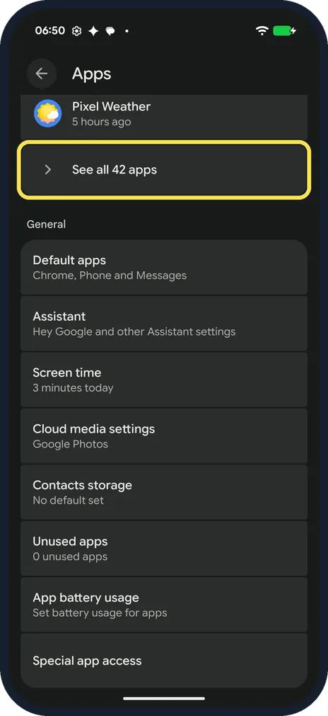 Android screenshot: Open See all apps
