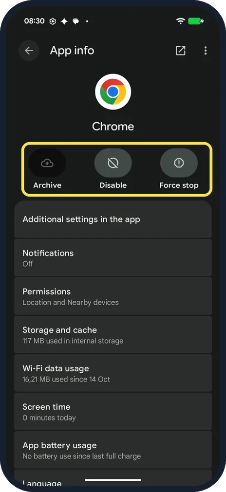 Android screenshot: Find the App info page