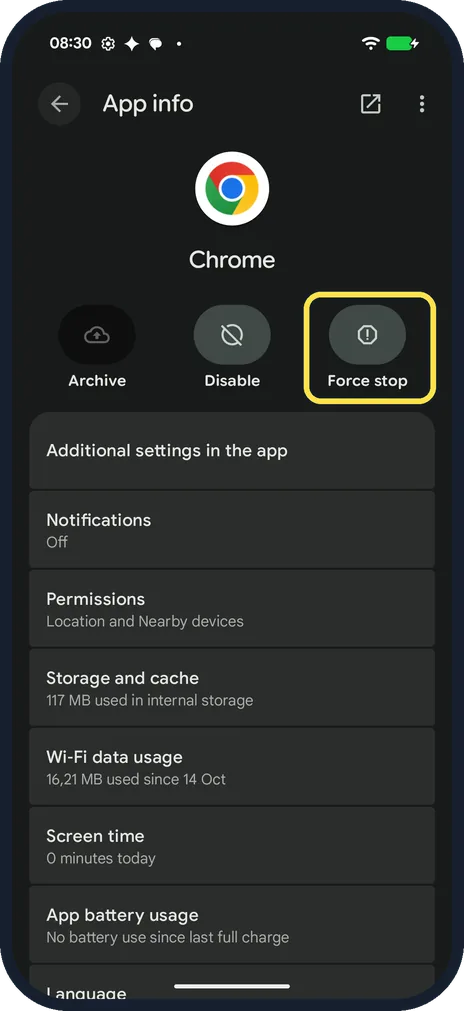 Android screenshot: Tap Force stop