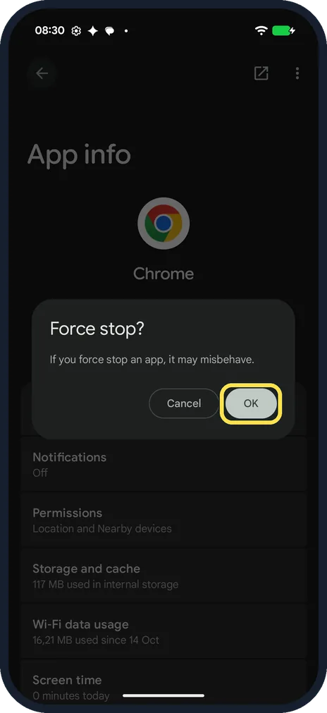 Android screenshot: Tap OK