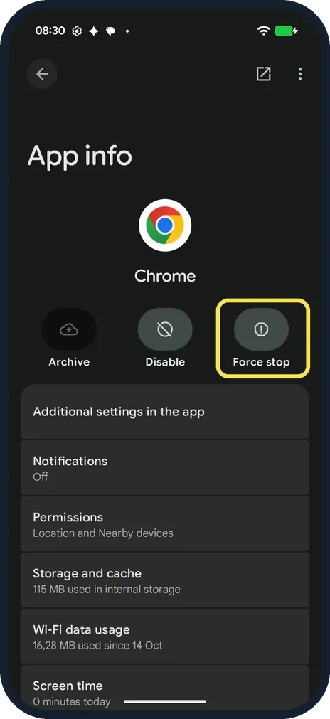 Android screenshot: Back on App info