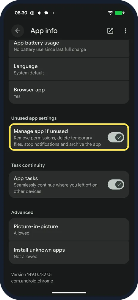 Android screenshot: Manage app if unused