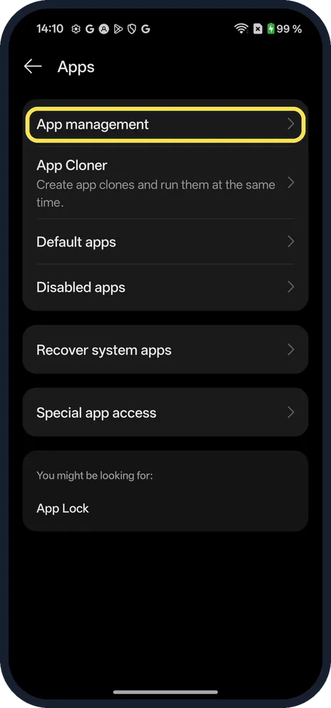 Android screenshot: Open App management