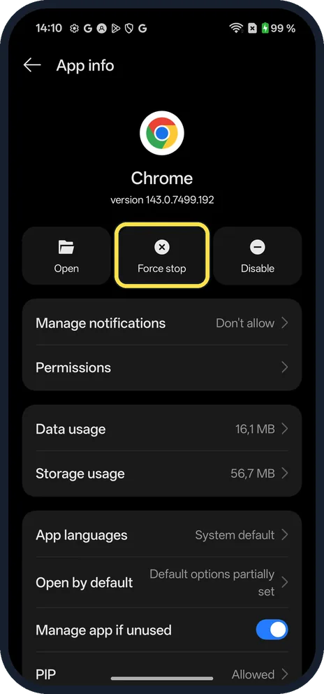 Android screenshot: Tap Force stop