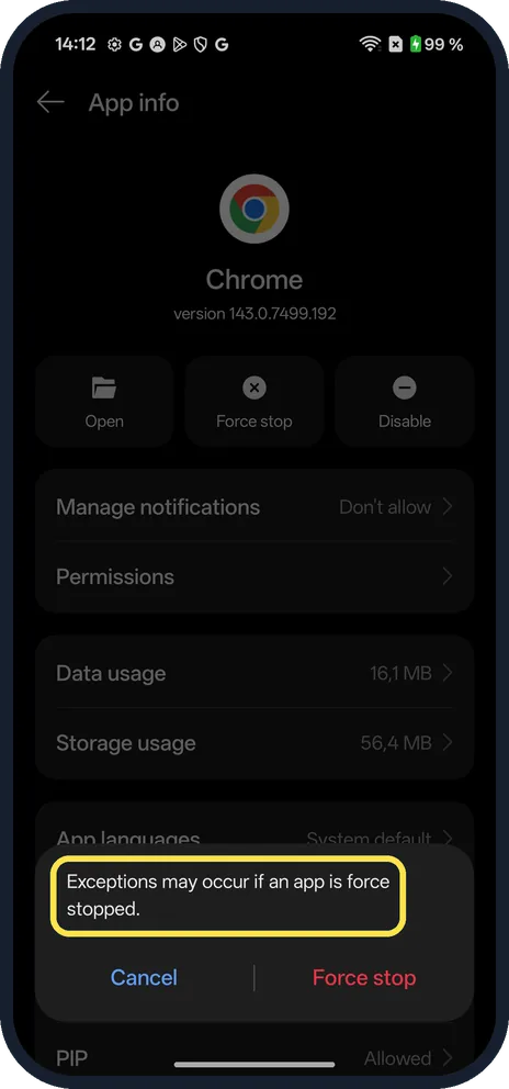 Android screenshot: Read the warning