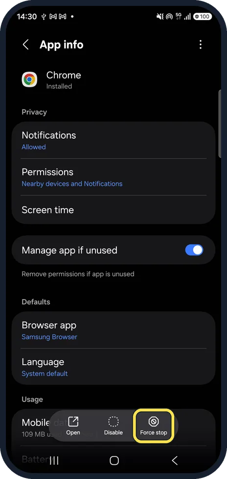 Android screenshot: Tap Force stop