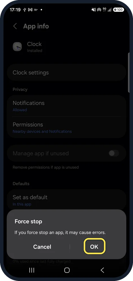 Android screenshot: Tap OK
