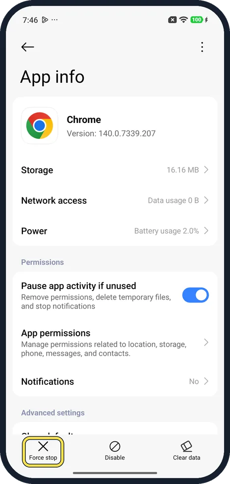 Android screenshot: Tap Force stop