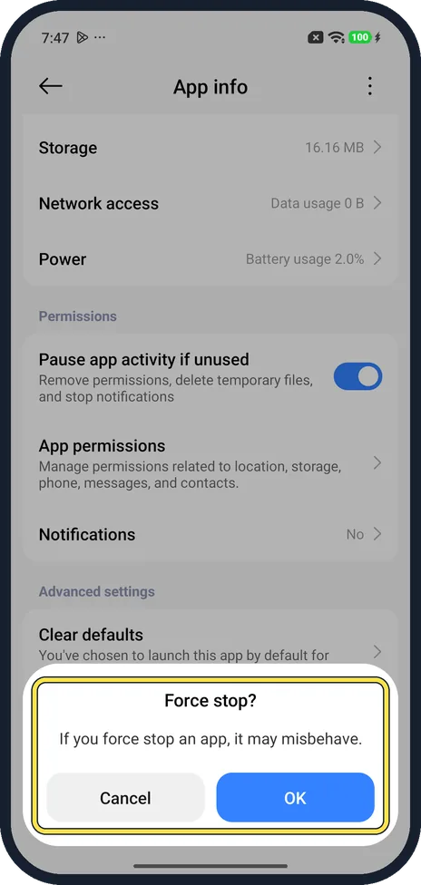 Android screenshot: Read the warning