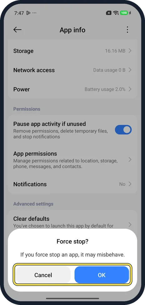 Android screenshot: Tap OK